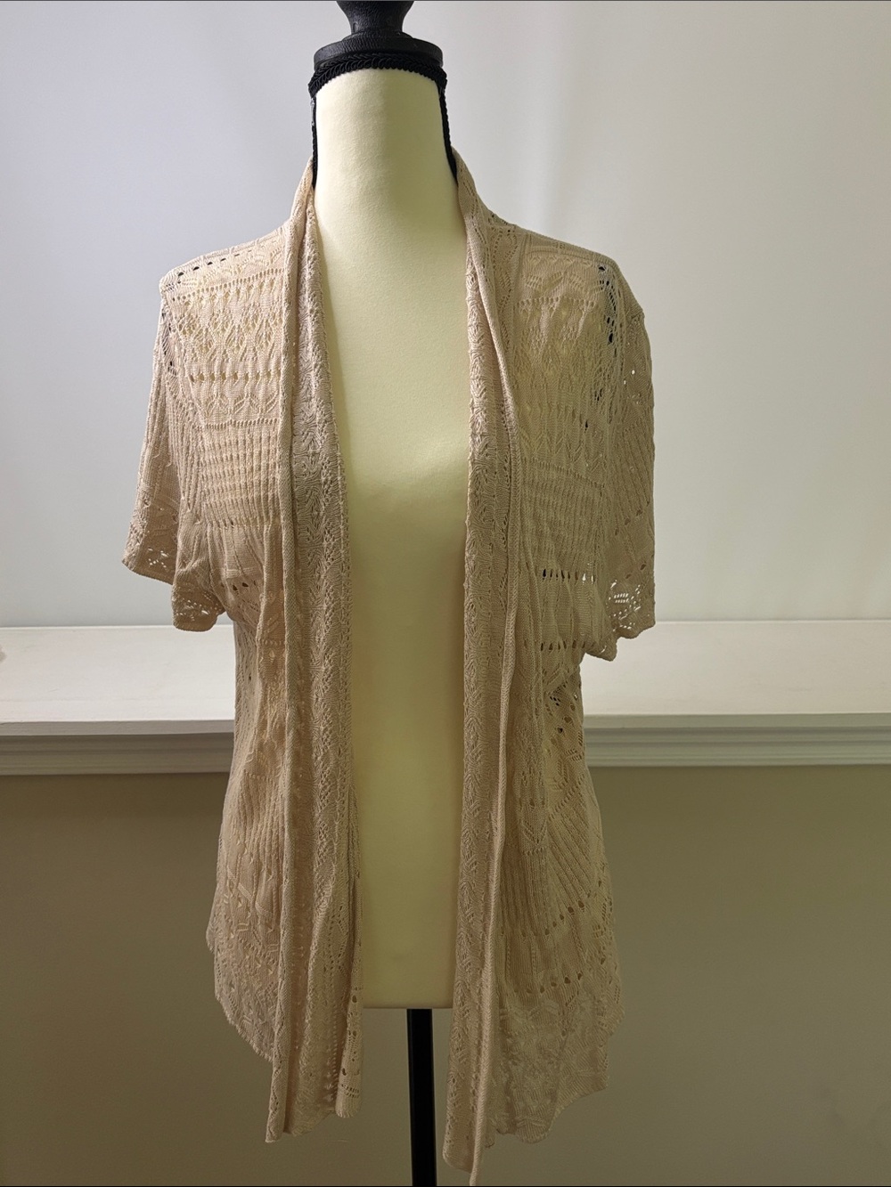 United States Sweaters Light Beige Open-Front Crochet Cardigan